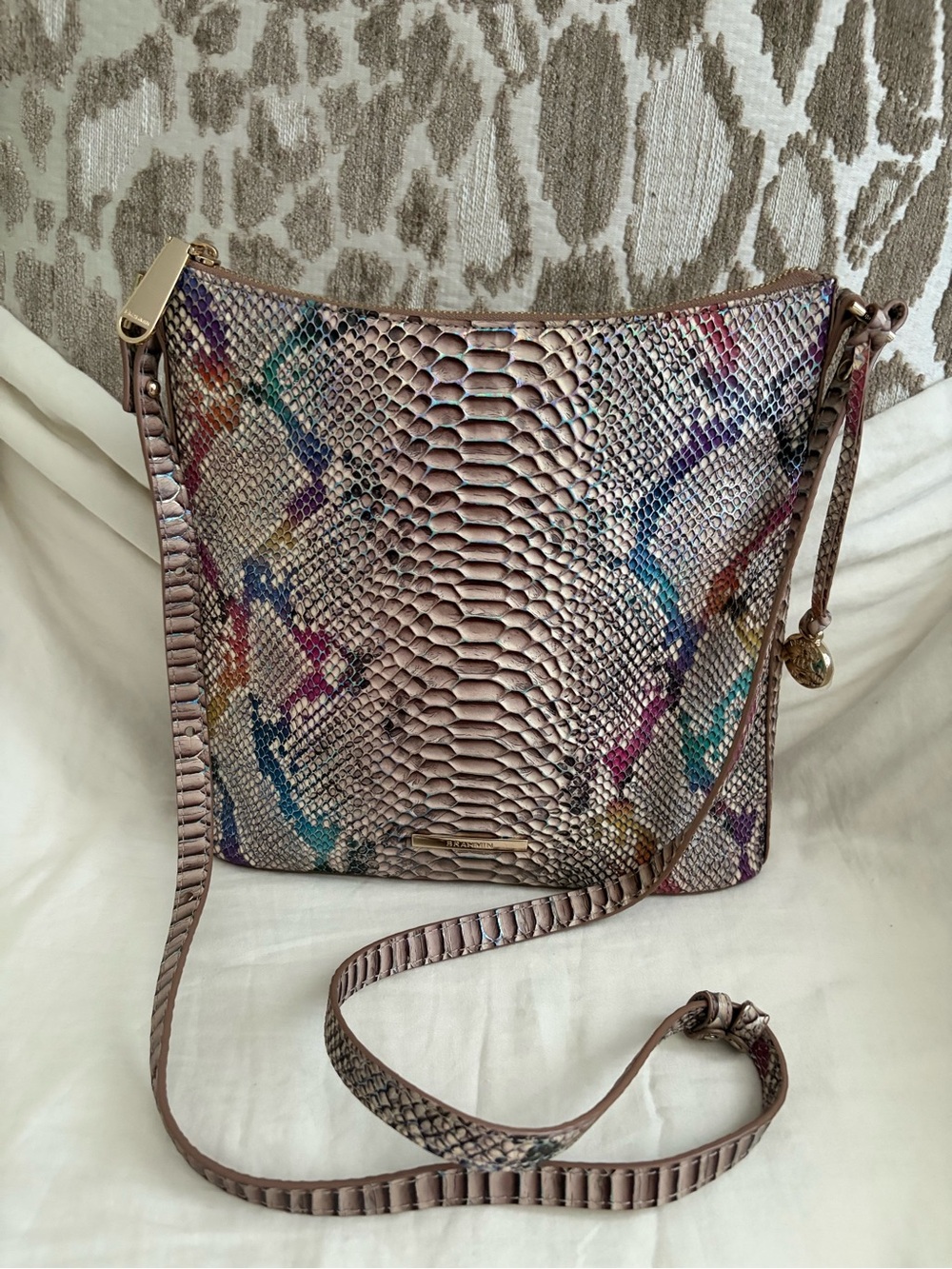 Authentic Brahmin Textured Multicolor Python/Snakeskin Crossbody Bag - Pink